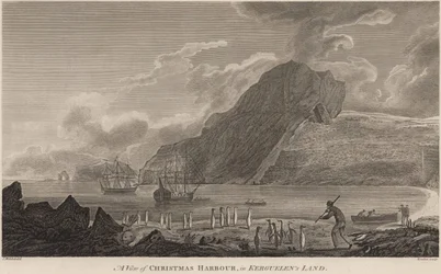 Navires de James Cook à Christmas Harbour, îles Kerguelen, décembre 1776